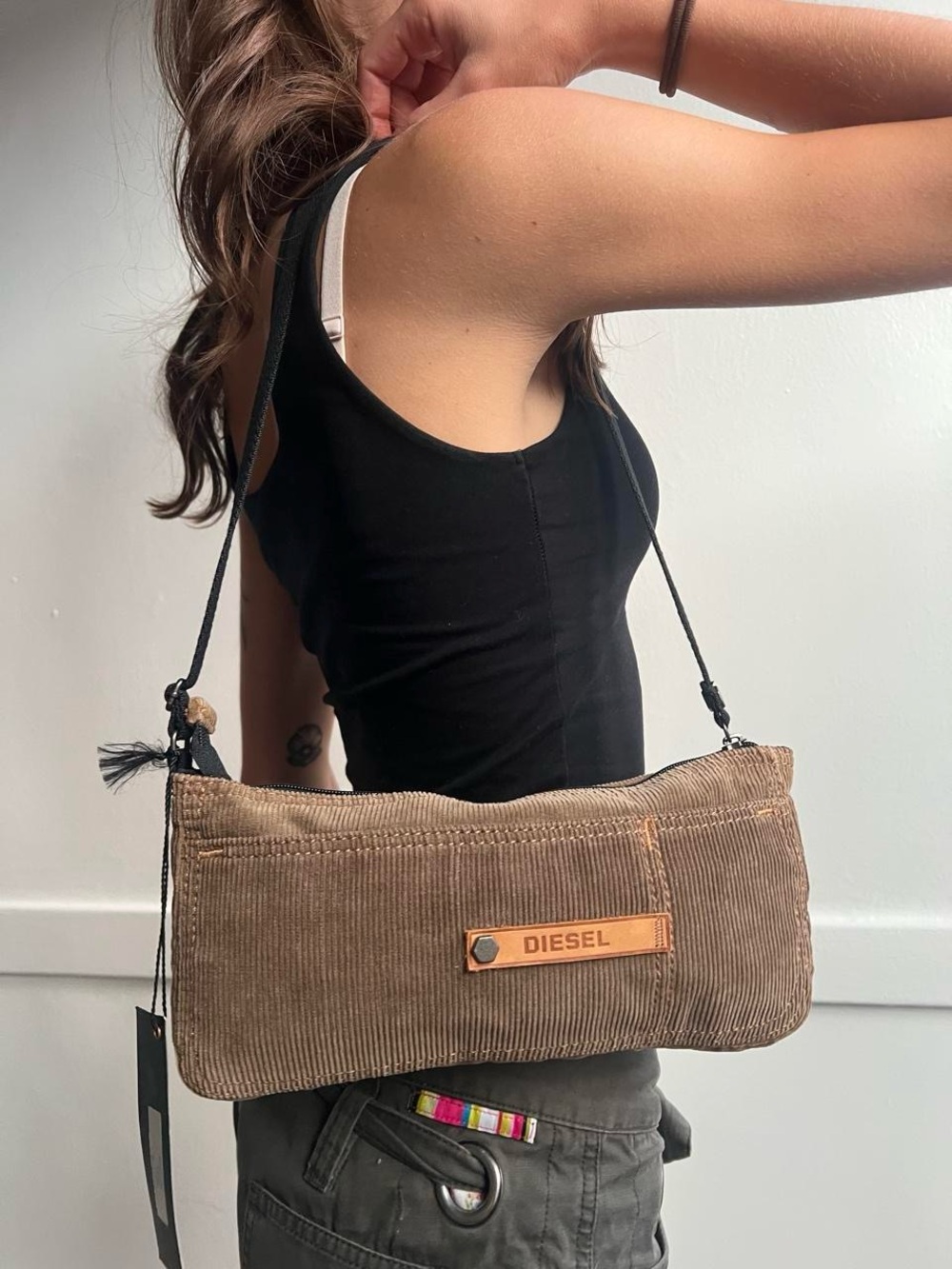 Diesel Brown Corduroy Shoulder Bag with Leather Logo